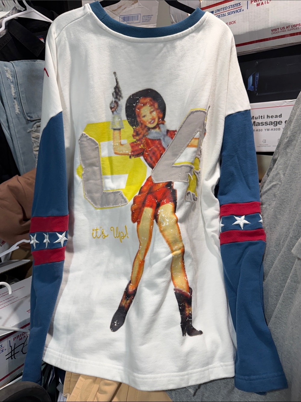 Women’s Crewneck Graphic Sweater in White and Blue